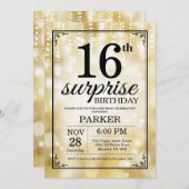 Surprise 16th Birthday Invitation Gold Glitter Kaart (Voorkant / Achterkant)
