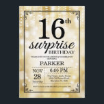Surprise 16th Birthday Invitation Gold Glitter Kaart<br><div class="desc">Verrassend 16e verjaardag Uitnodiging met de gouden Lichten van het Koord met de Gouden Achtergrond van Glitter. Gouddag. Kinderen van afgelopen dag. Jongen of meisjes uitgenodigd. 13e 15e 16e 18e 21e 30e 40e 50e 60e 70e 90e 100e, elke leeftijd. Voor verdere aanpassing, te klikken gelieve de knoop "van de Aanpassing...</div>