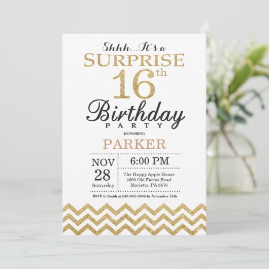 Surprise 16th Birthday Invitation Gold Glitter Kaart (Staand voorkant)