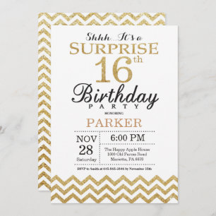 Surprise 16th Birthday Invitation Gold Glitter Kaart