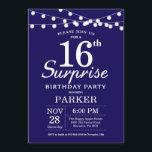 Surprise 16th Birthday Invitation Navy Blue Kaart<br><div class="desc">Verrassend 16e verjaardag Uitnodiging met de Lichten van het Koord. Navy Blue Background Kinderen van afgelopen dag. Jongen of meisjes uitgenodigd. 13e 15e 16e 18e 21e 30e 40e 50e 60e 70e 90e 100e, elke leeftijd. Voor verdere aanpassing, te klikken gelieve de knoop "van de Aanpassing het"en ons ontwerphulpmiddel te gebruiken...</div>