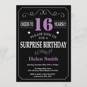 Surprise 16th Birthday Invitation Paars and Black Kaart