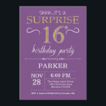 Surprise 16th Birthday Invitation Paars and Gold Kaart<br><div class="desc">Verrassend 16e verjaardag Uitnodiging met een rode en Paarse achtergrond. Chalkboard. Kinderen van afgelopen dag. Jongen of meisjes Lady Teen Teenage Bday Invite. Elke leeftijd. Voor verdere aanpassing,  te klikken gelieve de knoop "van de Aanpassing het"en ons ontwerphulpmiddel te gebruiken om deze sjabloon te wijzigen.</div>