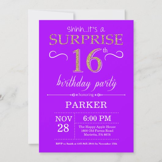 Surprise 16th Birthday Invitation Paars and Gold Kaart (Voorkant)