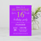 Surprise 16th Birthday Invitation Paars and Gold Kaart (Staand voorkant)