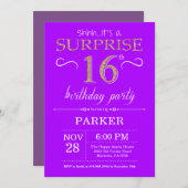 Surprise 16th Birthday Invitation Paars and Gold Kaart (Voorkant / Achterkant)