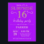 Surprise 16th Birthday Invitation Paars and Gold Kaart<br><div class="desc">Verrassend 16e verjaardag Uitnodiging met een rode en Paarse achtergrond. Chalkboard. Kinderen van afgelopen dag. Jongen of meisjes Lady Teen Teenage Bday Invite. Elke leeftijd. Voor verdere aanpassing,  te klikken gelieve de knoop "van de Aanpassing het"en ons ontwerphulpmiddel te gebruiken om deze sjabloon te wijzigen.</div>
