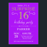 Surprise 16th Birthday Invitation Paars and Gold Kaart<br><div class="desc">Verrassend 16e verjaardag Uitnodiging met een rode en Paarse achtergrond. Chalkboard. Kinderen van afgelopen dag. Jongen of meisjes Lady Teen Teenage Bday Invite. Elke leeftijd. Voor verdere aanpassing,  te klikken gelieve de knoop "van de Aanpassing het"en ons ontwerphulpmiddel te gebruiken om deze sjabloon te wijzigen.</div>