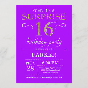 Surprise 16th Birthday Invitation Paars and Gold Kaart