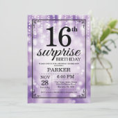 Surprise 16th Birthday Invitation Paars Glitter Kaart (Staand voorkant)