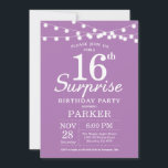 Surprise 16th Birthday Invitation Paars Lavender Kaart<br><div class="desc">Verrassend 16e verjaardag Uitnodiging met de Lichten van het Koord. Paarse lavender achtergrond. Kinderen van afgelopen dag. Girl Vrouw Lady Elegant Modern bday. 13e 15e 16e 18e 21e 30e 40e 50e 60e 70e 90e 100e, elke leeftijd. Voor verdere aanpassing, te klikken gelieve de knoop "van de Aanpassing het"en ons ontwerphulpmiddel...</div>