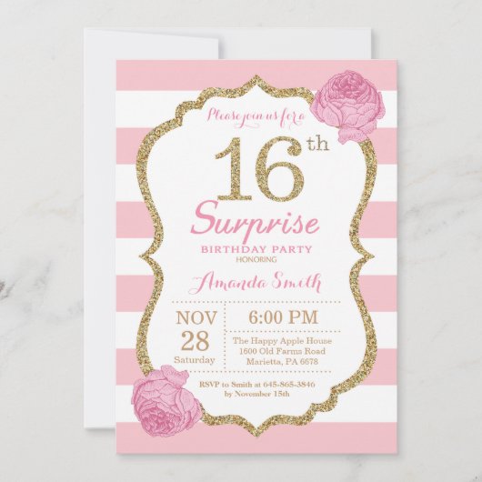 Surprise 16th Birthday Invitation Pink and Gold Kaart (Voorkant)