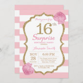 Surprise 16th Birthday Invitation Pink and Gold Kaart (Voorkant / Achterkant)