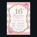Surprise 16th Birthday Invitation Pink and Gold Kaart<br><div class="desc">Verrassend 16e verjaardag uitnodiging. Roze en goud. Gold Glitter. Roze en witte strepen. Roze bloem. Kinderen van afgelopen dag. Girl Lady Teen Teenage Birthday Party. Voor verdere aanpassing,  te klikken gelieve de knoop "van de Aanpassing het"en ons ontwerphulpmiddel te gebruiken om deze sjabloon te wijzigen.</div>