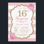 Surprise 16th Birthday Invitation Pink and Gold Kaart<br><div class="desc">Verrassend 16e verjaardag uitnodiging. Roze en goud. Gold Glitter. Roze en witte strepen. Roze bloem. Kinderen van afgelopen dag. Girl Lady Teen Teenage Birthday Party. Voor verdere aanpassing,  te klikken gelieve de knoop "van de Aanpassing het"en ons ontwerphulpmiddel te gebruiken om deze sjabloon te wijzigen.</div>