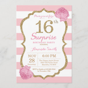 Surprise 16th Birthday Invitation Pink and Gold Kaart
