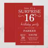 Surprise 16th Birthday Invitation Red Kaart (Voorkant / Achterkant)