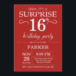Surprise 16th Birthday Invitation Red Kaart<br><div class="desc">Verrassend 16e verjaardag Uitnodiging met Rode achtergrond. Kinderen van afgelopen dag. Jongen of meisjes uitgenodigd. 13e 15e 16e 18e 21e 30e 40e 50e 60e 70e 90e 100e,  elke leeftijd. Voor verdere aanpassing,  te klikken gelieve de knoop "van de Aanpassing het"en ons ontwerphulpmiddel te gebruiken om deze sjabloon te wijzigen.</div>
