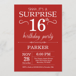 Surprise 16th Birthday Invitation Red Kaart