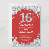 Surprise 16th Birthday Invitation Silver Diamond Kaart (Voorkant)