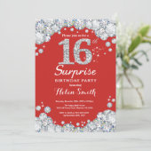 Surprise 16th Birthday Invitation Silver Diamond Kaart (Staand voorkant)