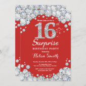 Surprise 16th Birthday Invitation Silver Diamond Kaart (Voorkant / Achterkant)