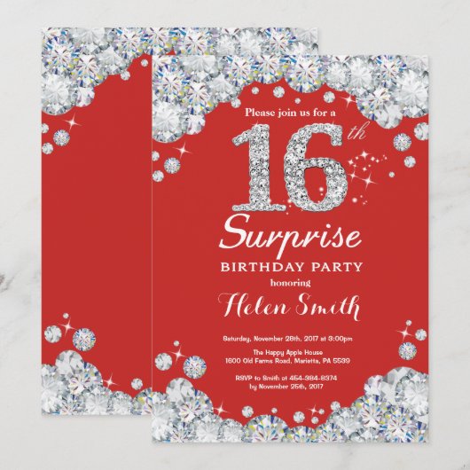 Surprise 16th Birthday Invitation Silver Diamond Kaart (Voorkant / Achterkant)