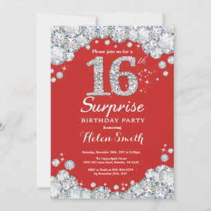 Surprise 16th Birthday Invitation Silver Diamond Kaart