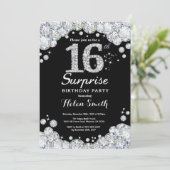 Surprise 16th Birthday Invitation Silver Diamond Kaart (Staand voorkant)