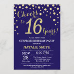 Surprise 16th Birthday Navy Blue en Gold Diamond Kaart<br><div class="desc">Verrassend 16e verjaardag Uitnodiging met Navy Blue en Gold Glitter Diamond achtergrond. Gold Confetti. Kinderen van afgelopen dag. Jongen of meisjes. Voor verdere aanpassing,  te klikken gelieve de knoop "van de Aanpassing het"en ons ontwerphulpmiddel te gebruiken om deze sjabloon te wijzigen.</div>