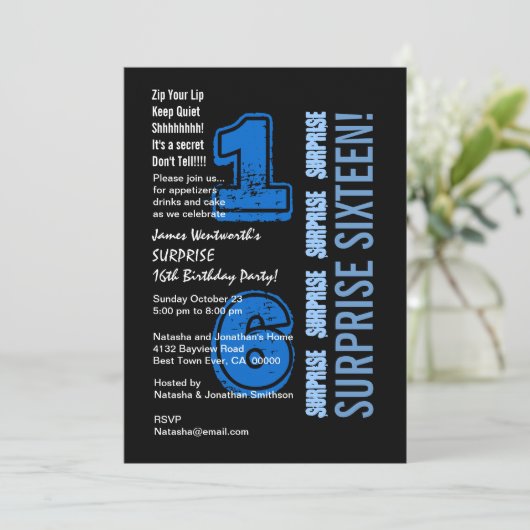 SURPRISE 16th Modern Birthday Blue en Black W523 Kaart (Staand voorkant)