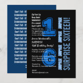 SURPRISE 16th Modern Birthday Blue en Black W523 Kaart (Voorkant / Achterkant)