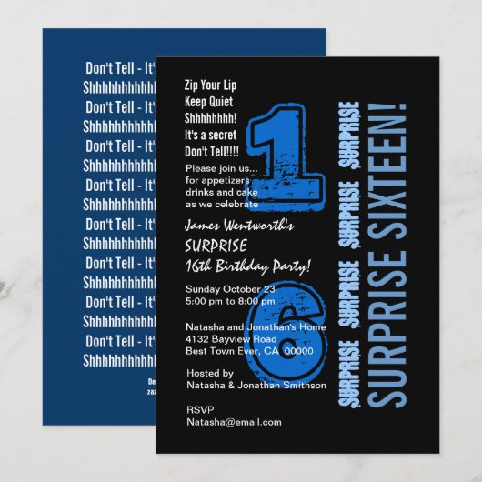 SURPRISE 16th Modern Birthday Blue en Black W523 Kaart (Voorkant / Achterkant)