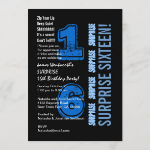 SURPRISE 16th Modern Birthday Blue en Black W523 Kaart