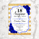 Surprise 18th Birthday - Gold White Royal Blue Kaart<br><div class="desc">Verrassende uitnodiging van 18e verjaardag. Feminine wit,  koninklijk blauw ontwerp met faux glitter Gold. Met bijvoegsels,  blauw roos,  scriptlettertype en confetti. Ideaal voor een elegant verjaardagsfeestje. Kan op elke leeftijd aan het show worden aangepast. Bericht me als u verdere aanpassing nodig hebt.</div>