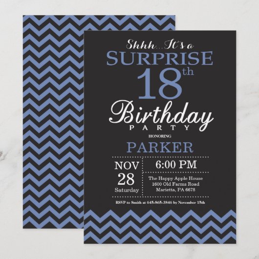Surprise 18th Birthday Invitation Black and Blue Kaart (Voorkant / Achterkant)