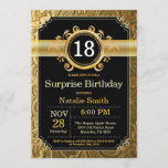 Surprise 18th Birthday Invitation Black and Gold Kaart<br><div class="desc">Verrassend 18e verjaardag Uitnodiging met zwarte en gouden achtergrond. Volwassen verjaardag. Mannelijke Mannen of vrouwen: Birthday. Kinder jongen of meisje Lady Teen Teenage Bday Invite. 13e 15e 16e 18e 21e 30e 40e 50e 60e 70e 80e 90e 100e. Elke leeftijd. Voor verdere aanpassing, te klikken gelieve de knoop "van de Aanpassing...</div>