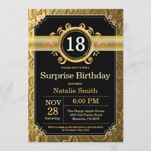 Surprise 18th Birthday Invitation Black and Gold Kaart