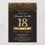 Surprise 18th Birthday Invitation Black and Gold Kaart<br><div class="desc">Verrassende uitnodiging van 18e verjaardag. Zwart en goudglitter. Volwassenende Birthday Party nodigt uit. Vrouwen of Mannen Bday Bash. Voor verdere aanpassing,  te klikken gelieve de knoop "van de Aanpassing het"en ons ontwerphulpmiddel te gebruiken om deze sjabloon te wijzigen.</div>