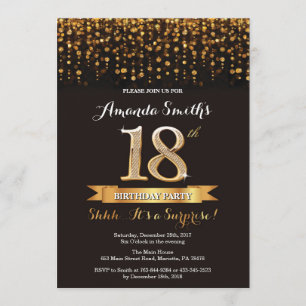 Surprise 18th Birthday Invitation Black and Gold Kaart
