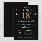 Surprise 18th Birthday Invitation Black and Gold Kaart (Voorkant / Achterkant)
