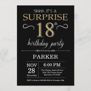 Surprise 18th Birthday Invitation Black and Gold Kaart