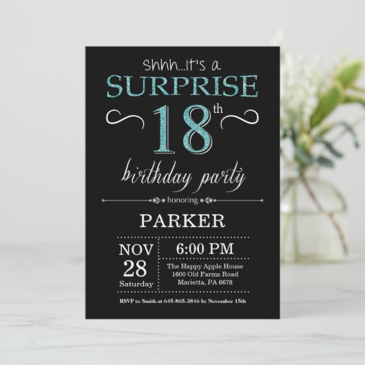 Surprise 18th Birthday Invitation Black en Blauwgr Kaart (Staand voorkant)