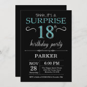 Surprise 18th Birthday Invitation Black en Blauwgr Kaart (Voorkant / Achterkant)