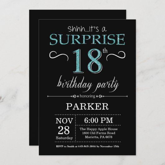 Surprise 18th Birthday Invitation Black en Blauwgr Kaart (Voorkant / Achterkant)