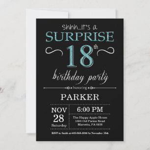 Surprise 18th Birthday Invitation Black en Blauwgr Kaart