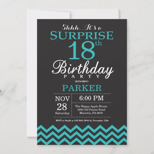 Surprise 18th Birthday Invitation Black en Blauwgr Kaart (Voorkant)