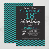 Surprise 18th Birthday Invitation Black en Blauwgr Kaart (Voorkant / Achterkant)