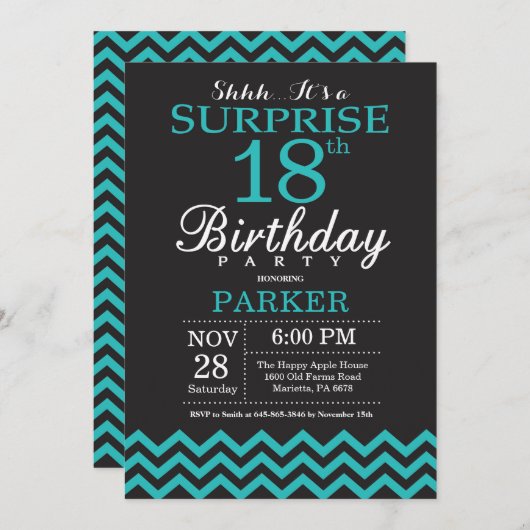 Surprise 18th Birthday Invitation Black en Blauwgr Kaart (Voorkant / Achterkant)
