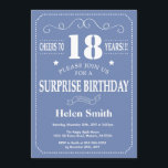Surprise 18th Birthday Invitation Blue and White Kaart<br><div class="desc">Verrassend 18e verjaardag Uitnodiging Blauw en Witte Typografie. Blauwe achtergrond. Volwassen verjaardag. Mannelijke Mannen of vrouwen: Birthday. Kinder jongen of meisje Lady Teen Teenage Bday Invite. 13e 15e 16e 18e 21e 30e 40e 50e 60e 70e 80e 90e 100e. Elke leeftijd. Voor verdere aanpassing, te klikken gelieve de knoop "van de...</div>